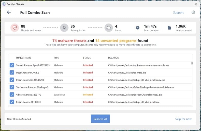 Resultados da análise completa do Combo Cleaner a mostrar as ameaças detetadas