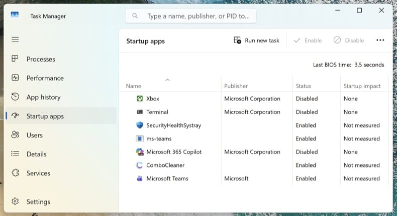 Verificação da remoção de malware no separador Aplicações de arranque do Gestor de Tarefas do Windows 11