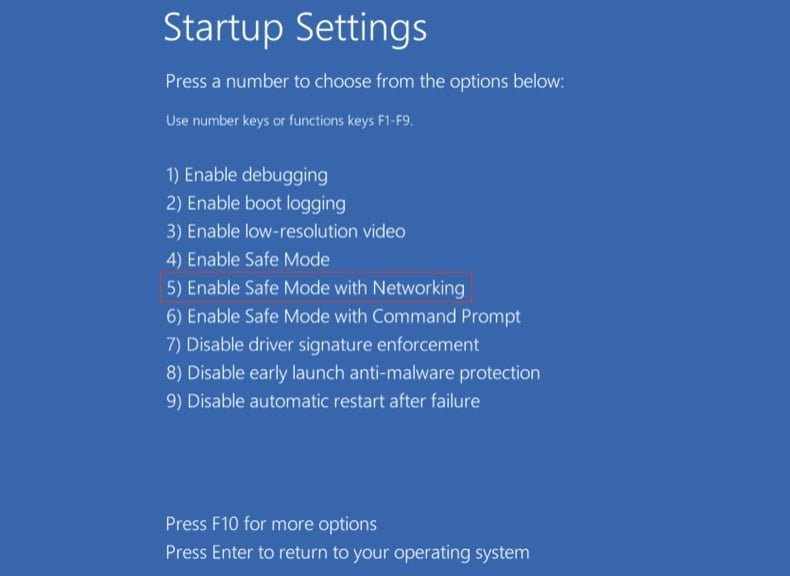 Iniciar o Windows 10 no Modo de Segurança com Rede - prima F5 no ecrã Definições de Arranque