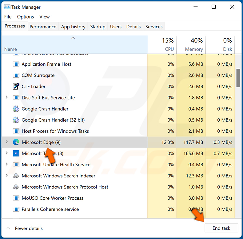 erminar o Microsoft Edge utilizando o Gestor de Tarefas do Windows