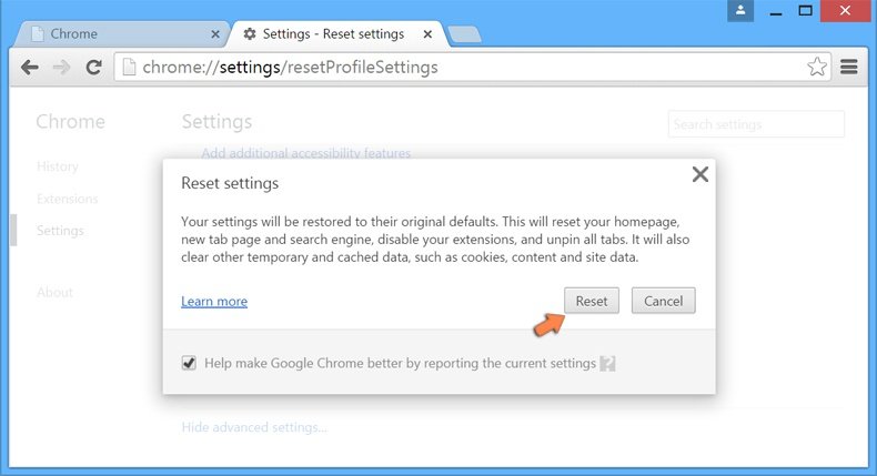 Redefinindo as configurações do Google Chrome para padrão - confirme que pretende repor as configurações do Chrome para o padrão clicando no botão de Repor