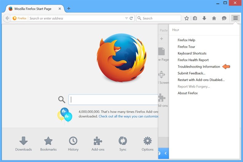 Reconfigurando as configurações do Mozilla Firefox para padrão - acedendo 