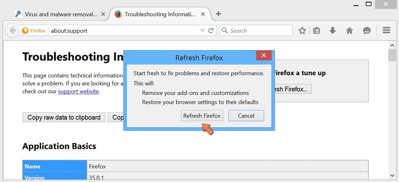 Reconfigurando as configurações do Mozilla Firefox para padrão - clicando em 