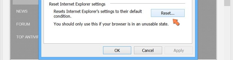 Redefinir as configurações do Internet Explorer para padrão no Windows 8 - clique no botão Repor no separado de opções de Internet avançadas
