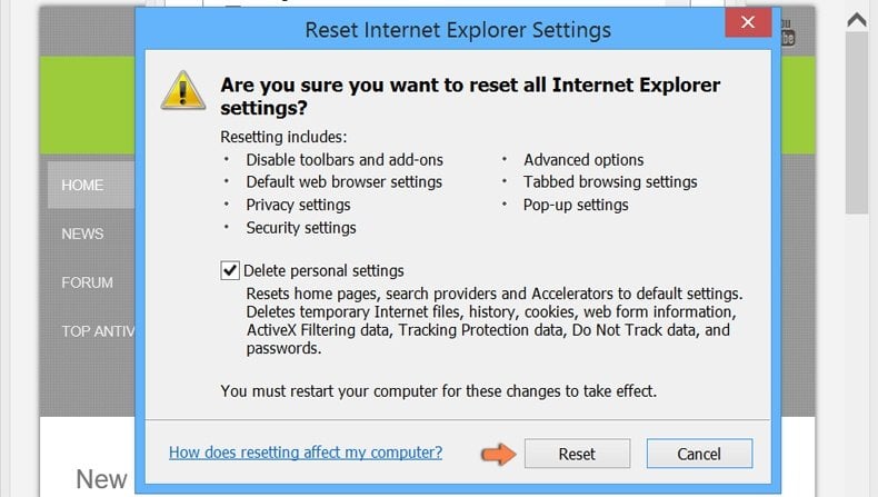 Redefinindo as configurações do confirme Internet Explorer para padrão no Window 8 - confirmar a reposição das configurações para padrão clicando no botão 