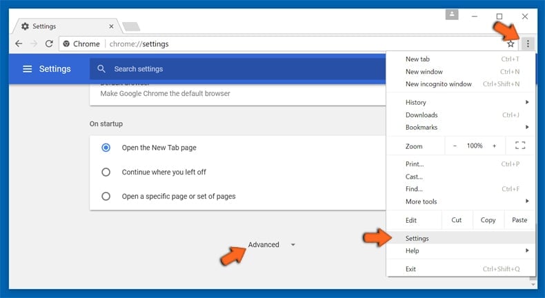 Configuração de redefinição das definições Google Chrome passo 1