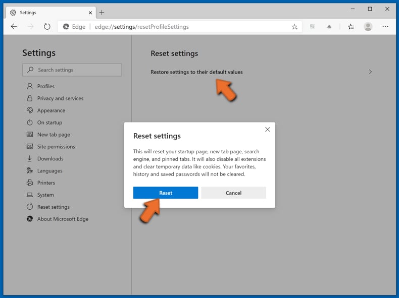 Redefinição do Microsoft Edge (Chromium) passo 3