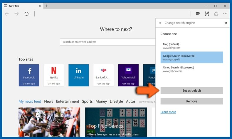 Alterando o mecanismo de pesquisa padrão da Internet no Microsoft Edge