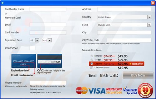 examplo de uma página web usada para recolher pagamentos de programas antivírus maliciosos