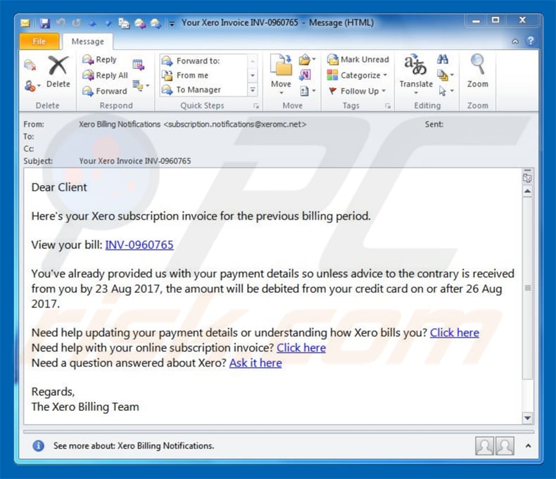 exemplo de e-mail de spam phishing fatura