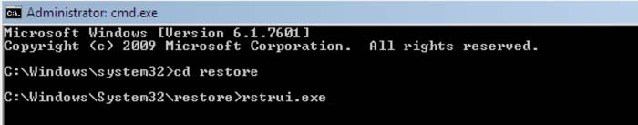 restauro de sistema usando comandos escreva cd rstrui.exe