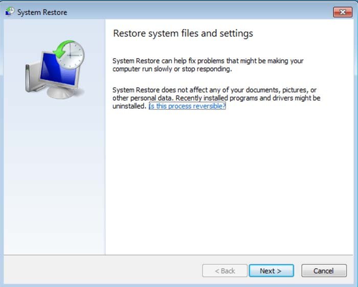 restauro dos ficheiros do sistema e configurações