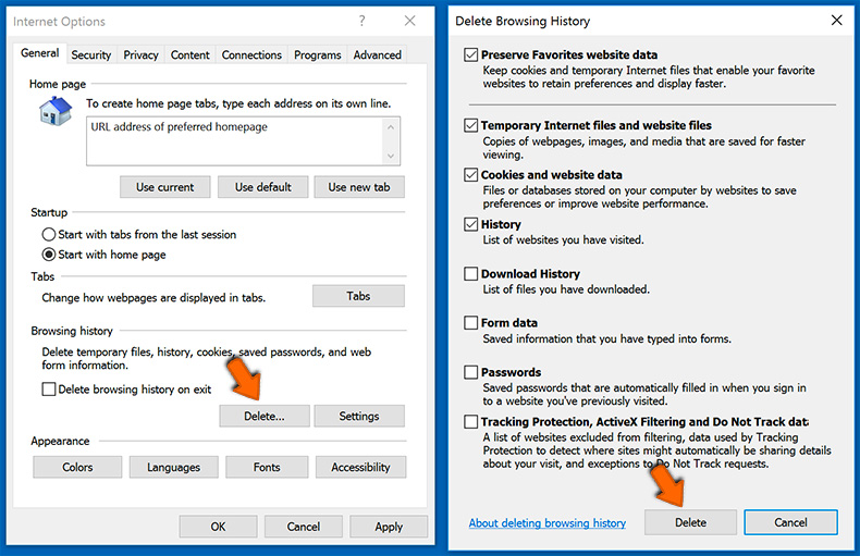 Alterando o URL da página inicial e limpando os dados de navegação no Internet Explorer (etapa 3)