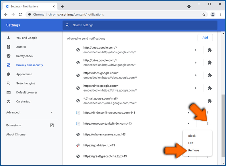 Desactivar as notificações do navegador web no Google Chrome (passo 2)