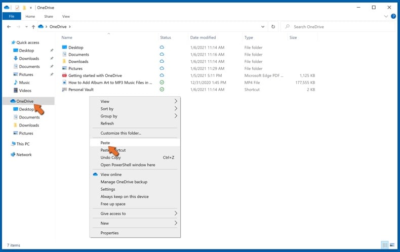 Cole o ficheiro copiado na pasta OneDrive para criar uma cópia de segurança