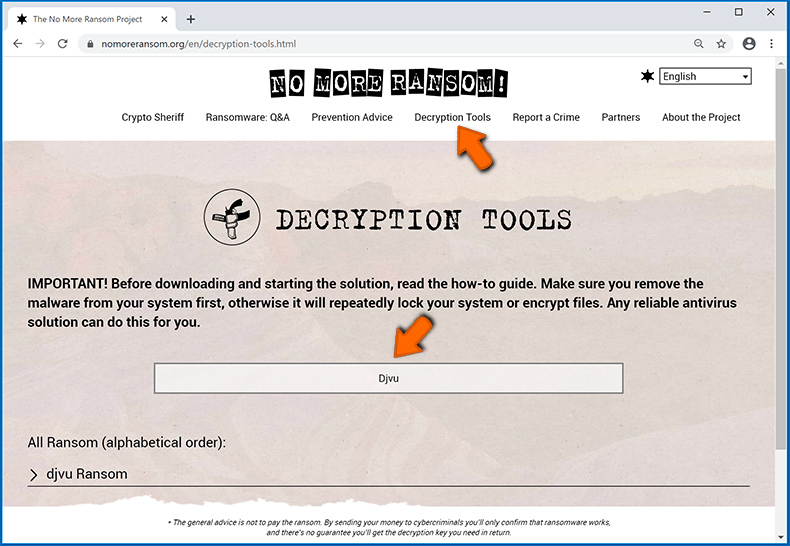 Procurando ferramentas de desencriptação de ransomware no site nomoreransom.org