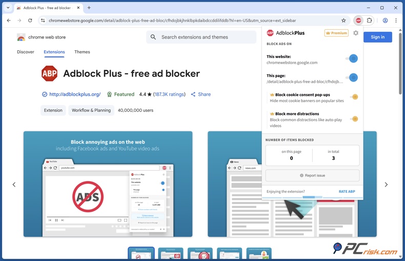 Adblock Plus Premium extensão menu
