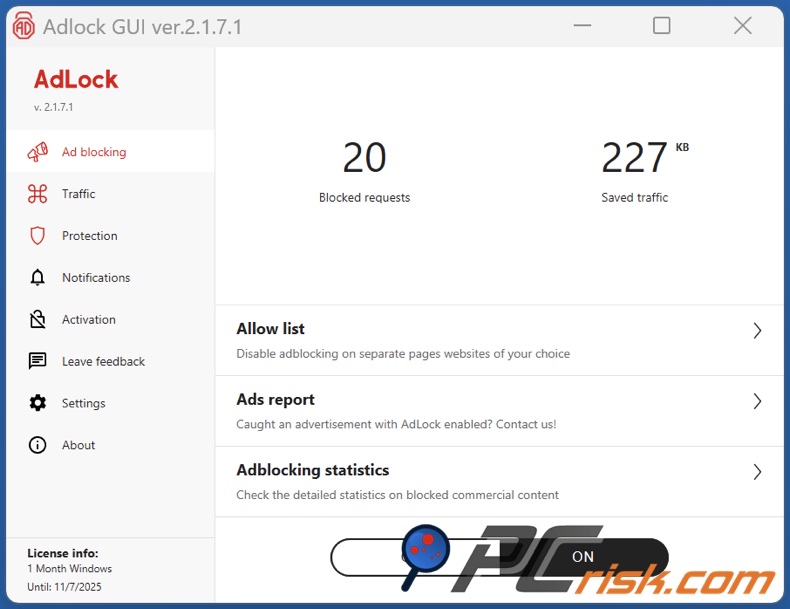 AdLock painel de controlo do ambiente de trabalho