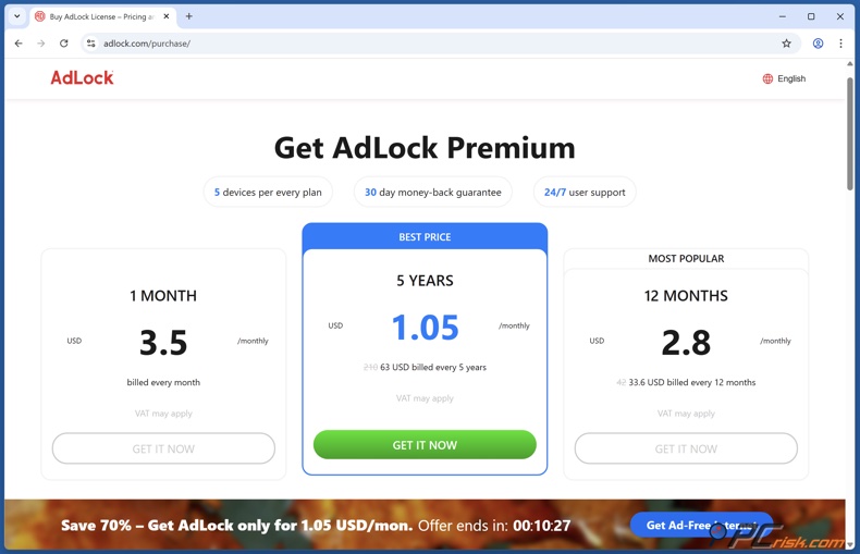 AdLock página de preços