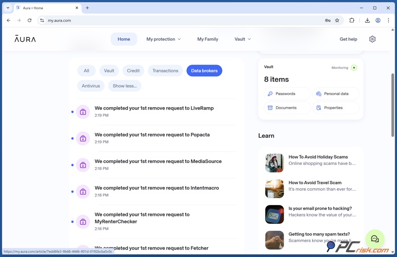 Aura Relatórios de remoção de dados