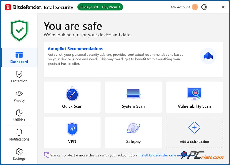 bitdefender painel de controlo