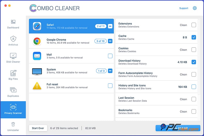 Combo Cleaner funcionalidade de scanner de privacidade no macOS