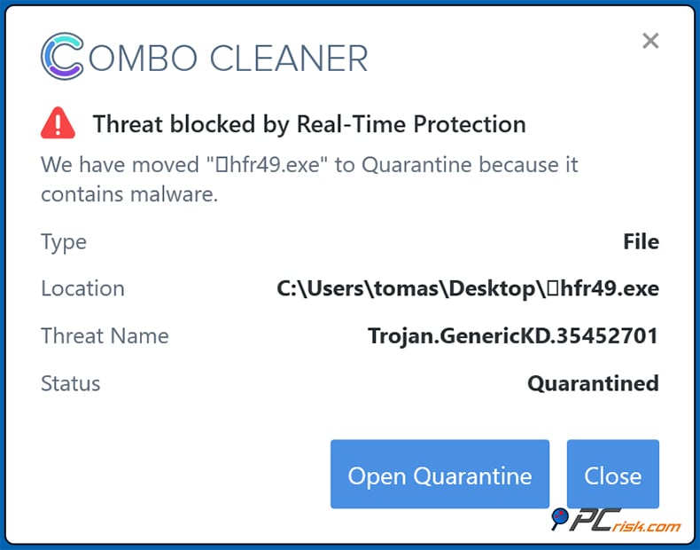 Combo Cleaner exemplo de alerta de proteção em tempo real