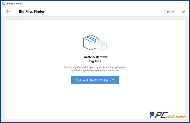 Função de pesquisa de ficheiros grandes do Combo Cleaner no Windows