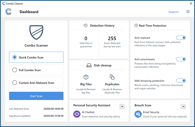 Combo Cleaner aparência Windows