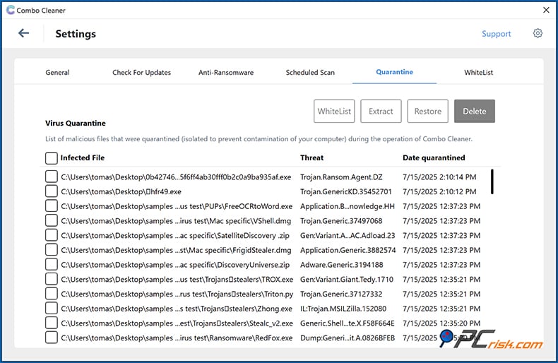 Combo Cleaner quarentena window