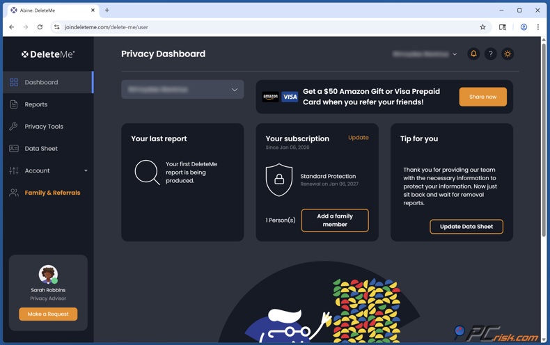 DeleteMe painel de controlo