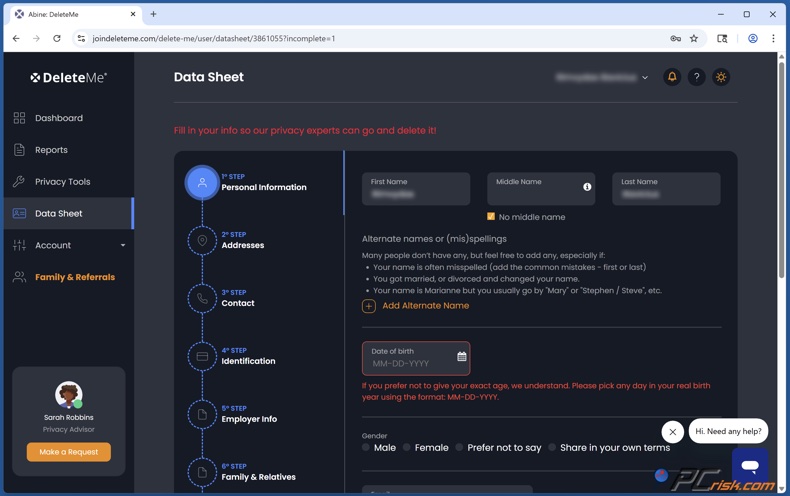 DeleteMe Configuração da ficha técnica