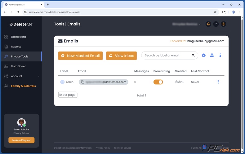 DeleteMe Ocultamento de e-mail