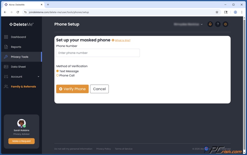 DeleteMe Mascaramento de telefone