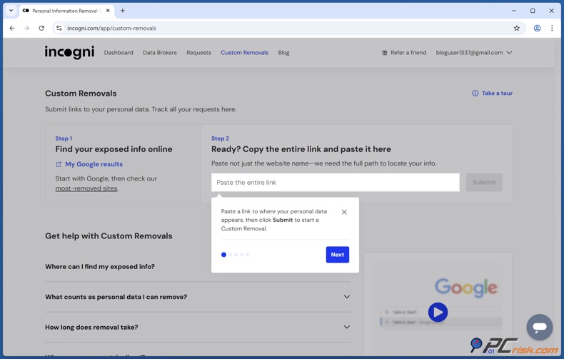Incogni Remoções personalizadas