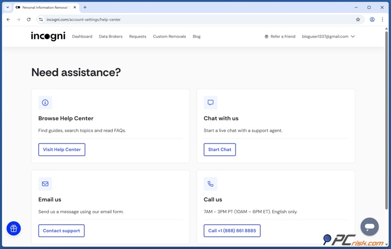 Incogni Apoio ao cliente