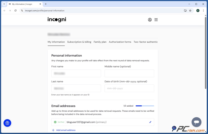 Incogni Informações pessoais