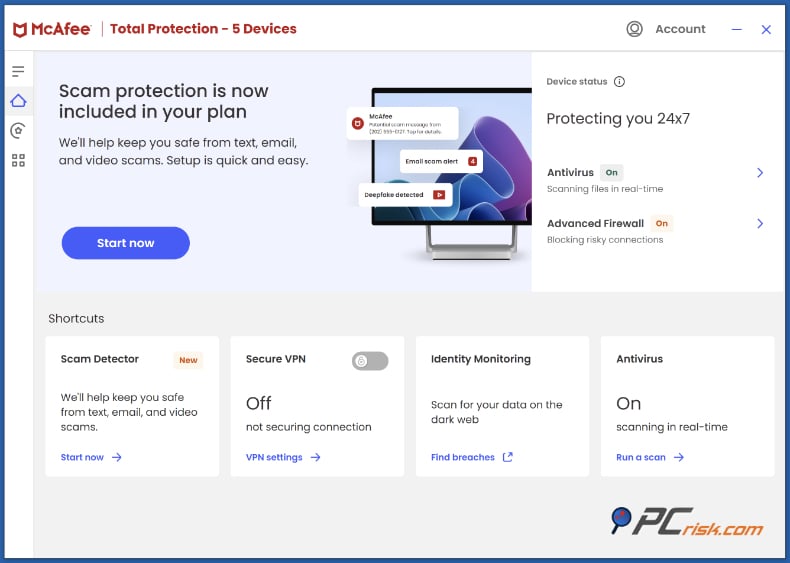 mcafee antivirus painel de controlo