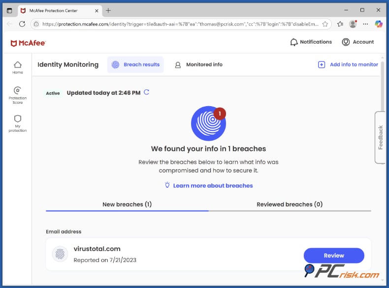 mcafee monitorização de identidade