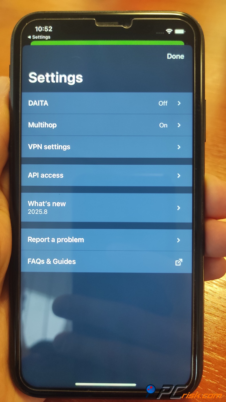 Mullivad para iOS Menu de configurações