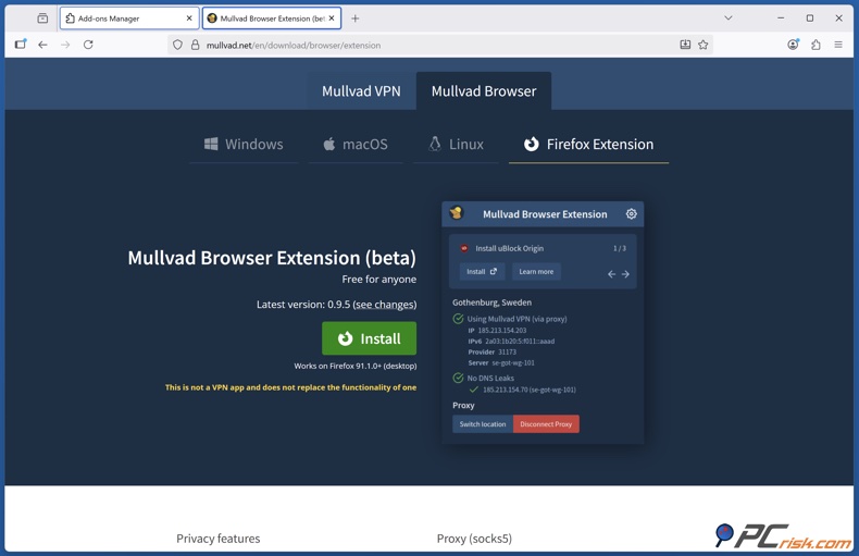Mullivad Firefox extensão do navegador