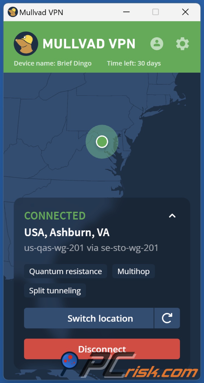 Mullivad painel de controlo do ambiente de trabalho