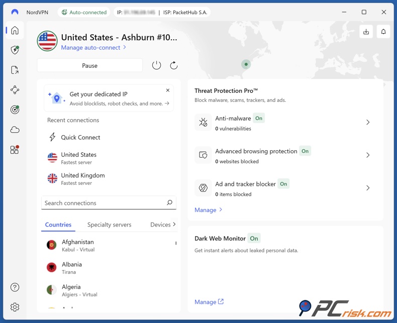 NordVPN painel de controlo