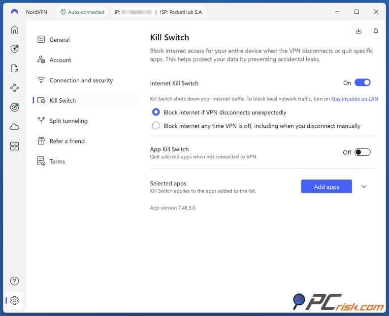 NordVPN Interruptor de emergência