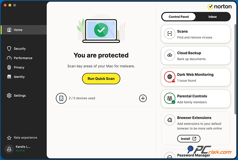 Norton 360 Deluxe Página inicial Mac