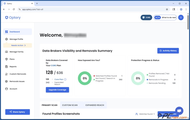 Optery Painel de controlo
