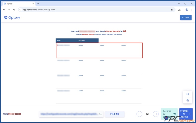 Optery Verificação de privacidade