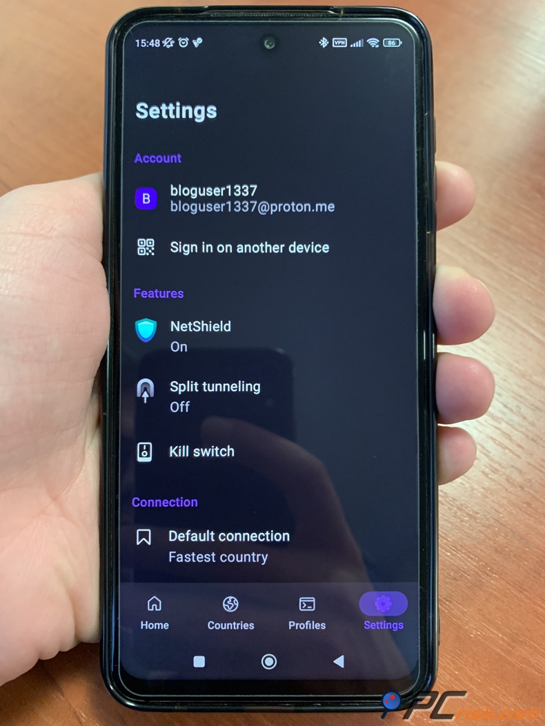 Proton VPN aplicativo para o menu de configurações do Android