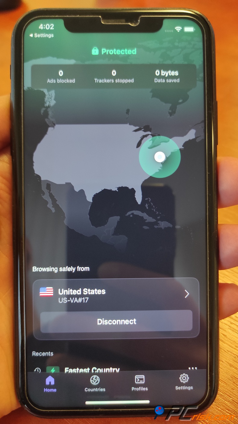Proton VPN aplicação para o painel do iOS