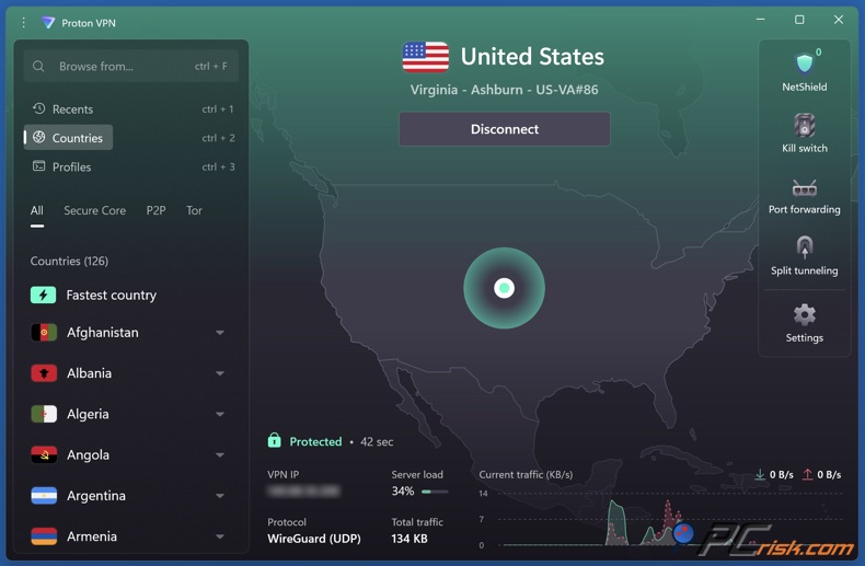 Proton VPN painel de controlo